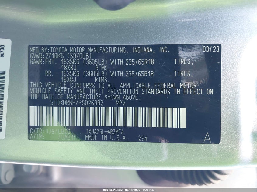 VIN 5TDKDRBH7PS026882 2023 TOYOTA HIGHLANDER XLE