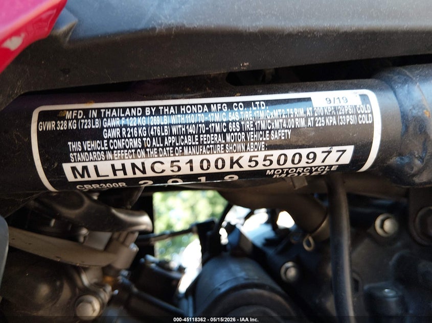 2019 Honda Cbr300 R VIN: MLHNC5100K5500977 Lot: 45118362