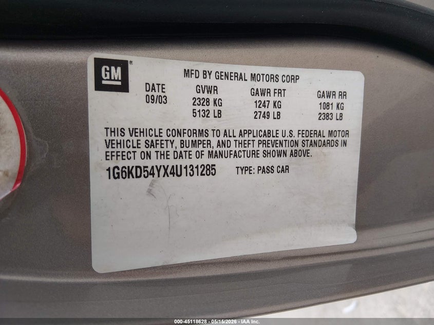 2004 Cadillac Deville Standard VIN: 1G6KD54YX4U131285 Lot: 45118628