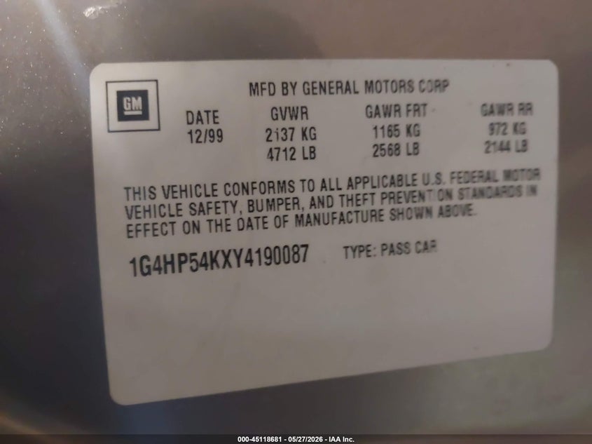 2000 Buick Lesabre Custom VIN: 1G4HP54KXY4190087 Lot: 45118681