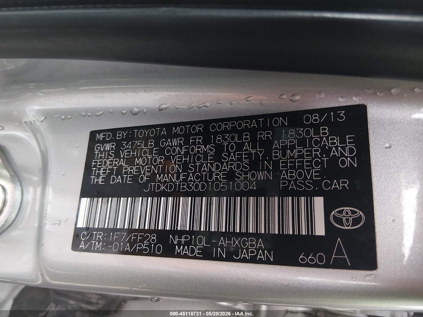 2013 Toyota Prius C Three VIN: JTDKDTB30D1051004 Lot: 45118731