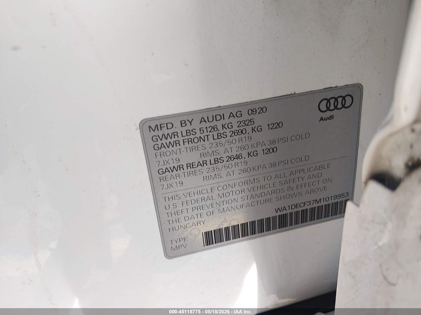 2021 Audi Q3 Premium 45 Tfsi S Line Quattro Tiptronic VIN: WA1DECF37M1019953 Lot: 45118775