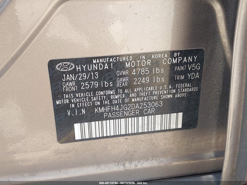 2013 Hyundai Azera VIN: KMHFH4JG2DA253063 Lot: 45118794