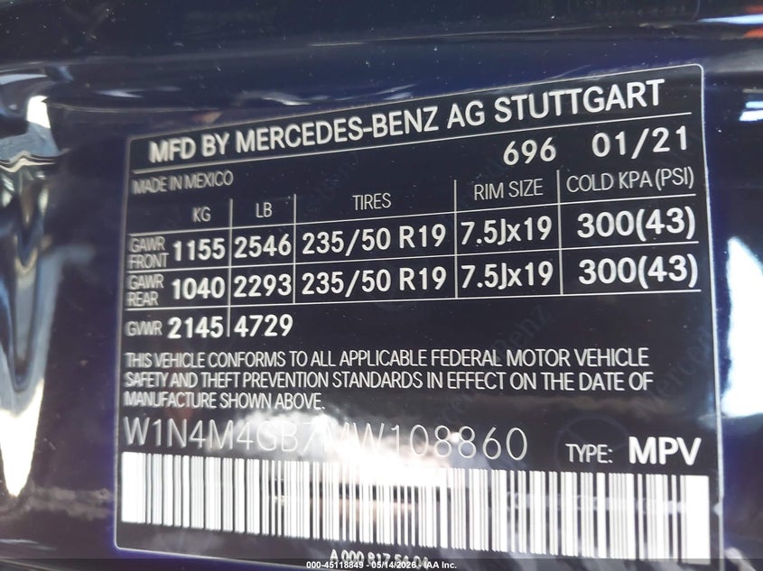 2021 Mercedes-Benz Glb 250 VIN: W1N4M4GB7MW108860 Lot: 45118849