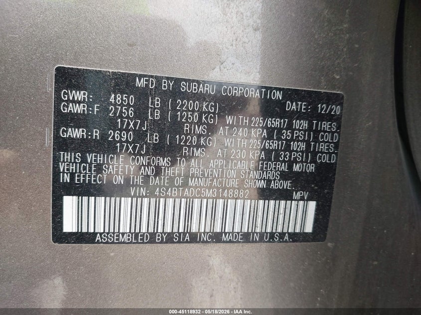SUBARU OUTBACK 2021 VIN 4S4BTADC5M3148882