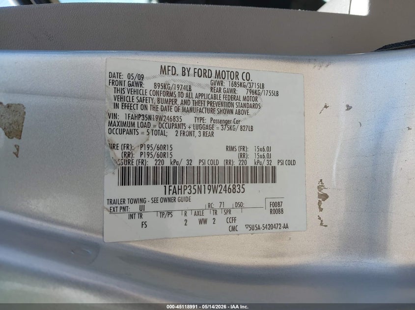 2009 FORD FOCUS SEDAN 2.0L I-4 DOHC, 140HP