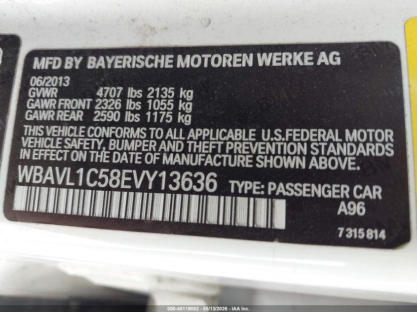 2014 BMW X1 xDrive28I VIN: WBAVL1C58EVY13636 Lot: 45119002