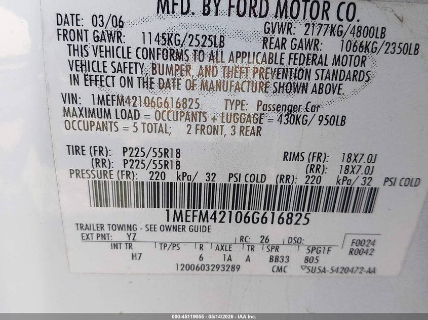2006 Mercury Montego Premier VIN: 1MEFM42106G616825 Lot: 45119055