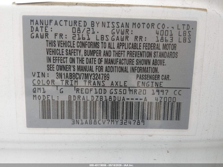 VIN 3N1AB8CV7MY324789 2021 NISSAN SENTRA SV XTRONIC CVT