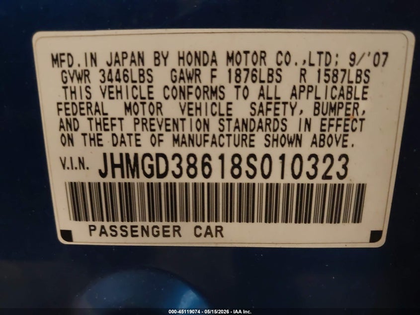 HONDA FIT 2008 VIN JHMGD38618S010323