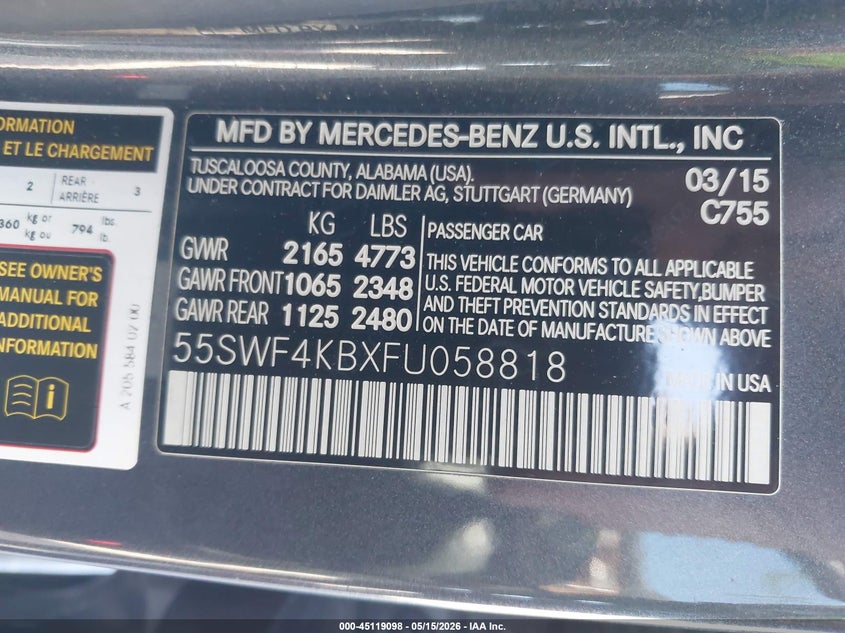 MERCEDES-BENZ C 300 2015 VIN 55SWF4KBXFU058818