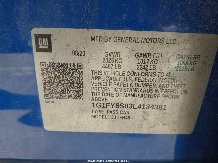 2020 Chevrolet Bolt Ev Fwd Lt VIN: 1G1FY6S03L4134381 Lot: 45119130