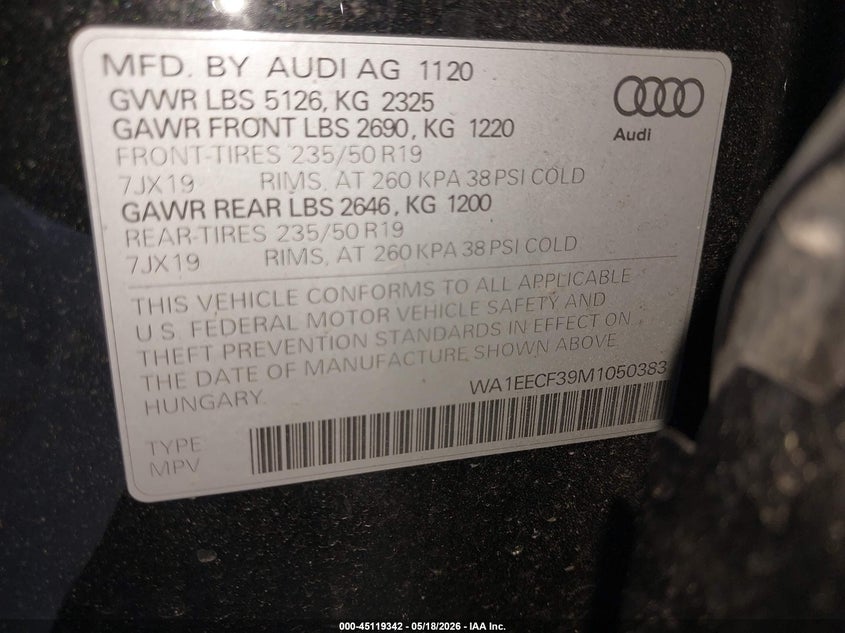 2021 Audi Q3 Premium Plus 45 Tfsi S Line Quattro Tiptronic VIN: WA1EECF39M1050383 Lot: 45119342