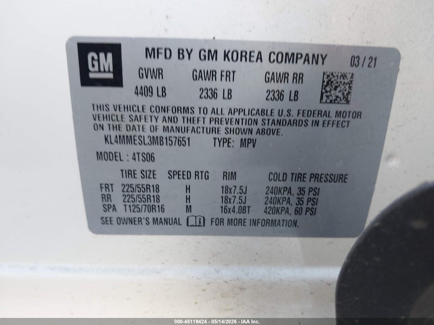 2021 Buick Encore Gx Awd Select VIN: KL4MMESL3MB157651 Lot: 45119424