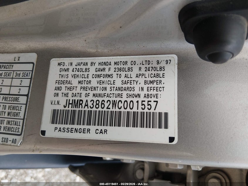 1998 Honda Odyssey Ex/Lx VIN: JHMRA3862WC001557 Lot: 45119451