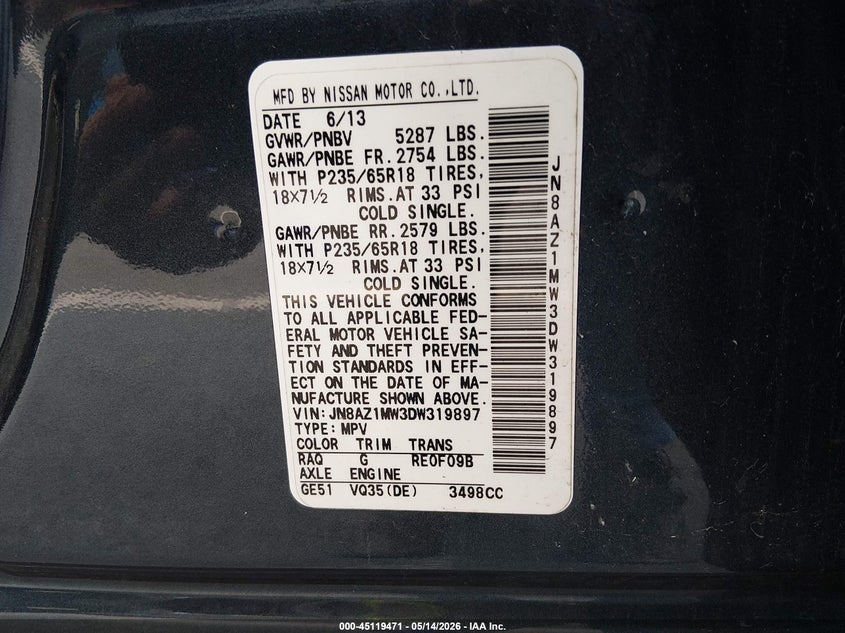 2013 Nissan Murano Sv VIN: JN8AZ1MW3DW319897 Lot: 45119471