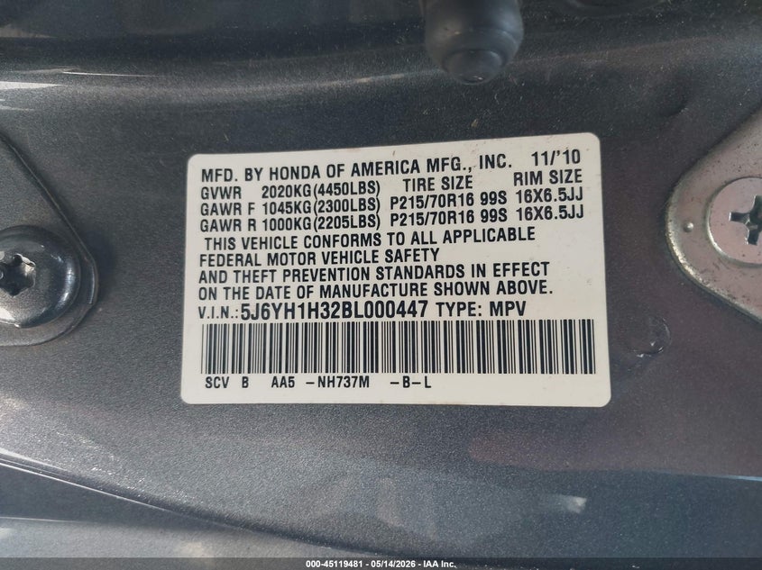 2011 Honda Element Lx VIN: 5J6YH1H32BL000447 Lot: 45119481
