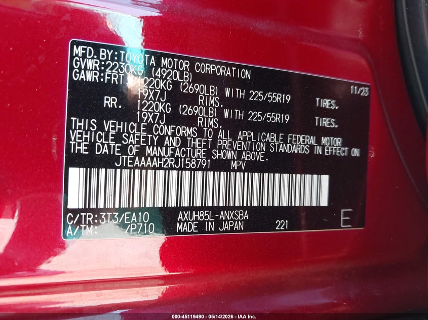 VIN JTEAAAAH2RJ158791 2024 TOYOTA VENZA LIMITED