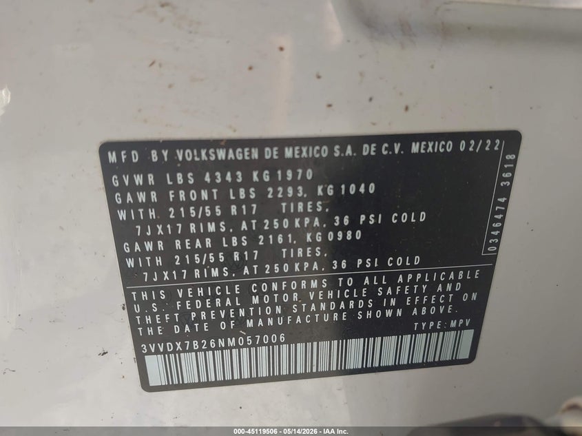 2022 Volkswagen Taos 1.5T S VIN: 3VVDX7B26NM057006 Lot: 45119506