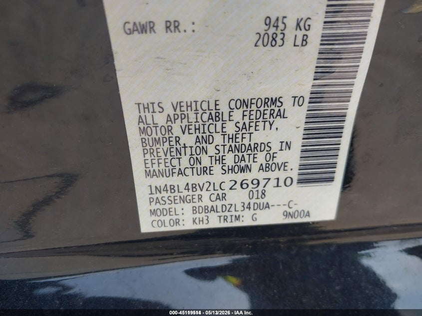 VIN 1N4BL4BV2LC269710 2020 NISSAN ALTIMA S FWD