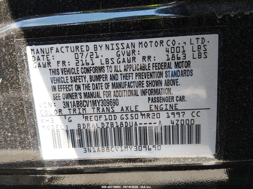 VIN 3N1AB8CV1MY309690 2021 NISSAN SENTRA SV XTRONIC CVT