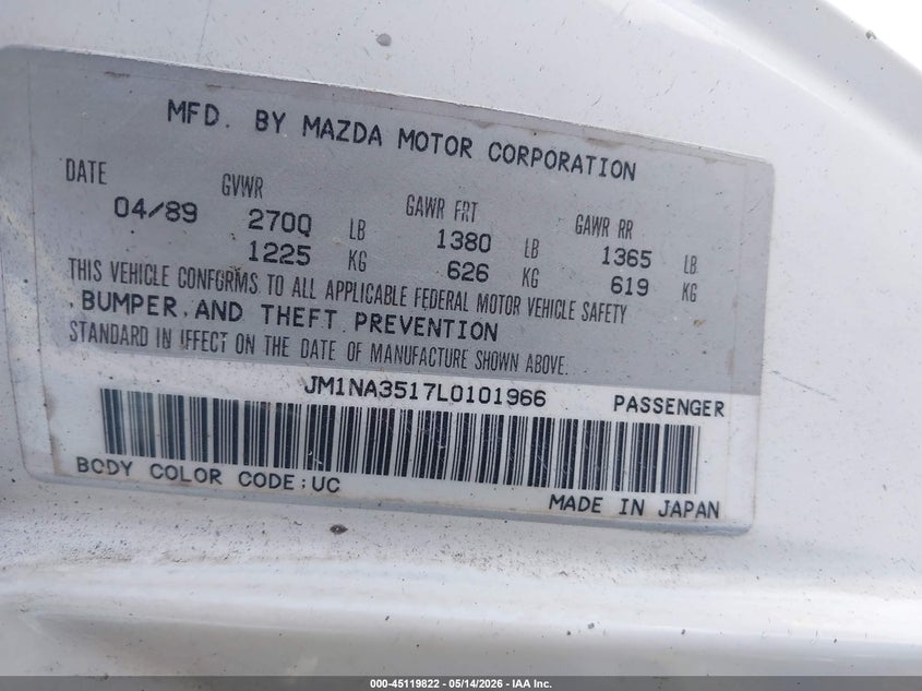 1990 Mazda Mx-5 Miata VIN: JM1NA3517L0101966 Lot: 45119822