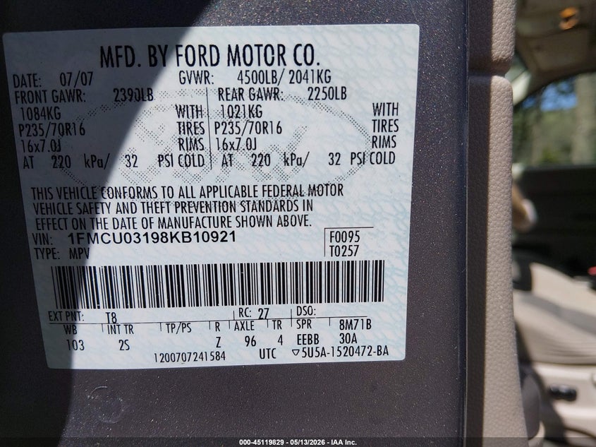 2008 Ford Escape 3.0 Xlt grey Lot 111045119829 Vin 1FMCU03198KB10921