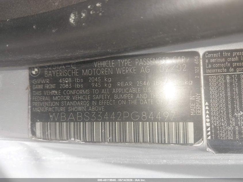 2002 BMW 325Ci VIN: WBABS33442PG84497 Lot: 45119946
