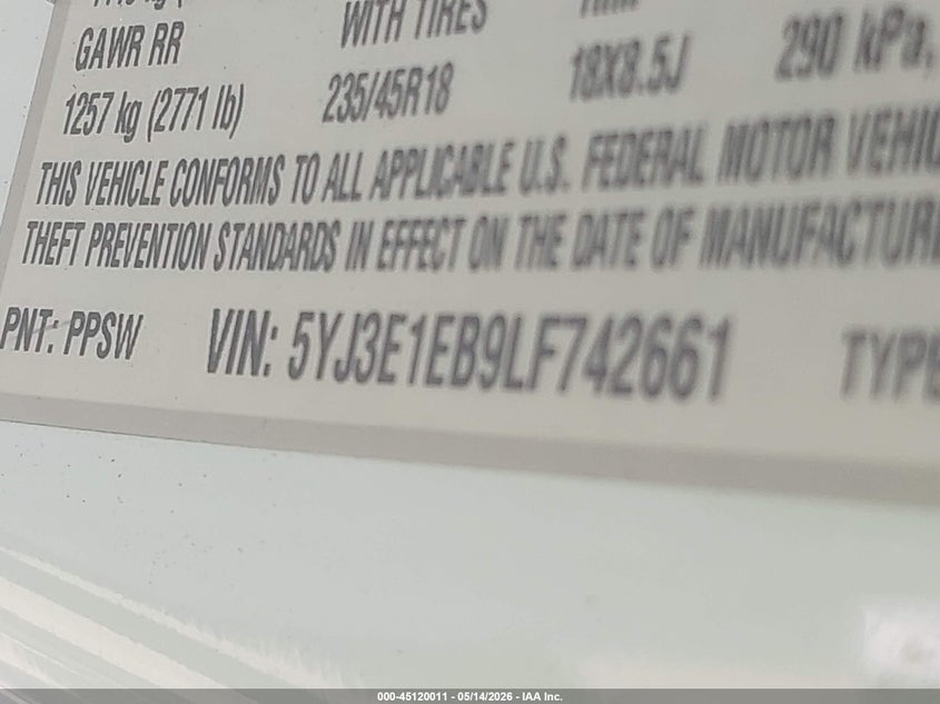 2020 TESLA MODEL 3 SEDAN ELECTRIC
