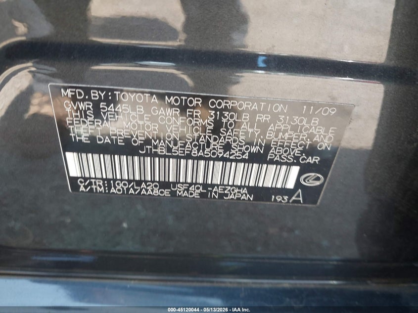 2010 Lexus Ls 460 VIN: JTHBL5EF8A5094254 Lot: 45120044