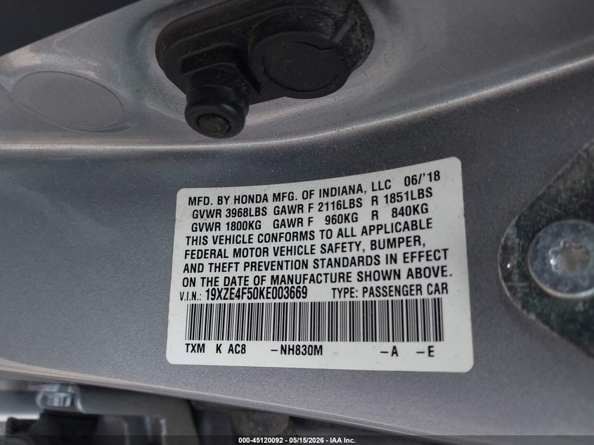 2019 Honda Insight Ex VIN: 19XZE4F50KE003669 Lot: 45120092