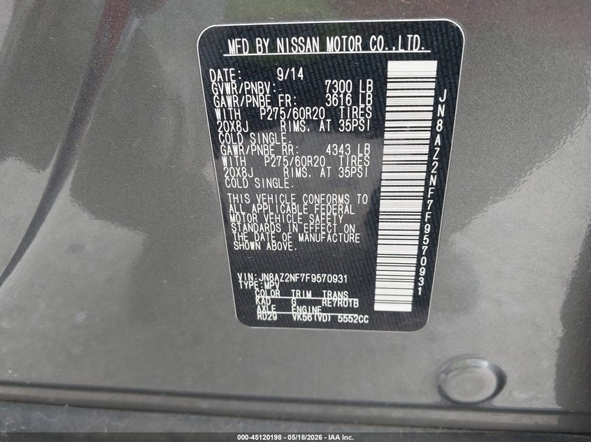 2015 Infiniti Qx80 VIN: JN8AZ2NF7F9570931 Lot: 45120198