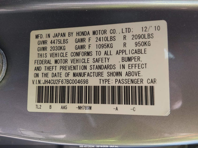 2011 Acura Tsx 2.4 VIN: JH4CU2F67BC004698 Lot: 45120244