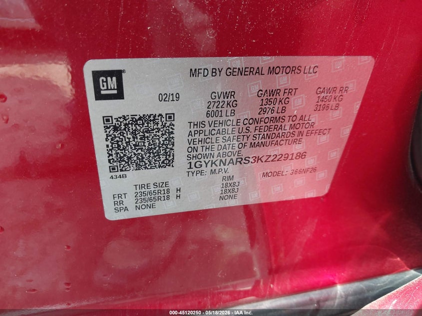 2019 Cadillac Xt5 Standard VIN: 1GYKNARS3KZ229186 Lot: 45120250