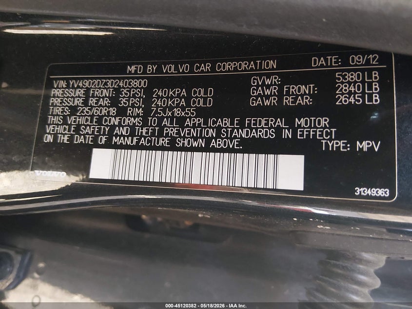 2013 Volvo Xc60 T6/T6 Platinum/T6 Premier Plus/T6 R-Design/T6 R-Design Platinum/T6 R-Design Premier Plus VIN: YV4902DZ3D2403800 Lot: 45120382