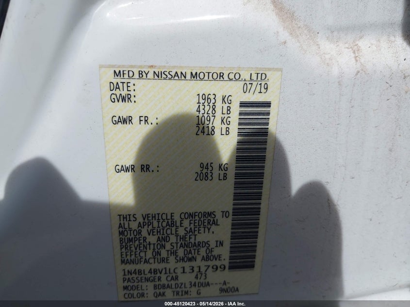 VIN 1N4BL4BV1LC131799 2020 NISSAN ALTIMA S FWD