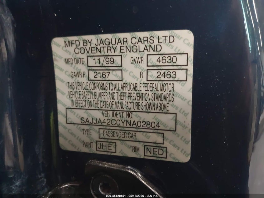 2000 Jaguar Xk8 VIN: SAJJA42C0YNA02804 Lot: 45120451