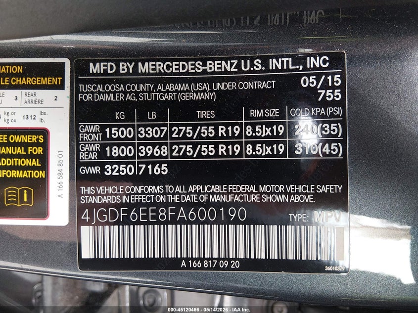 2015 Mercedes-Benz Gl 450 4Matic VIN: 4JGDF6EE8FA600190 Lot: 45120466