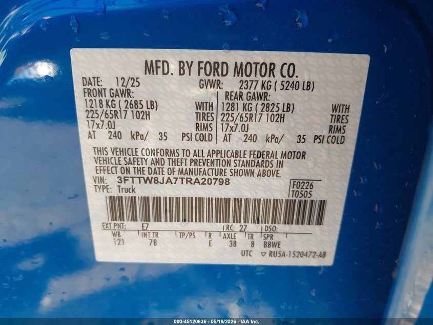 2026 Ford Maverick Xlt VIN: 3FTTW8JA7TRA20798 Lot: 45120636