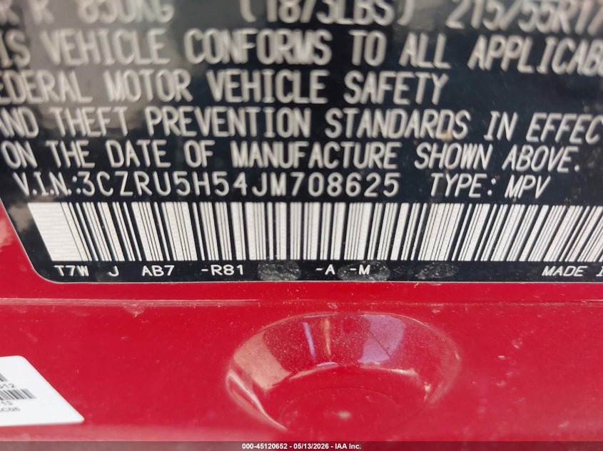 VIN 3CZRU5H54JM708625 2018 HONDA HR-V EX