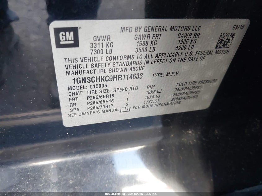 2017 Chevrolet Suburban Lt VIN: 1GNSCHKC9HR114633 Lot: 45120823
