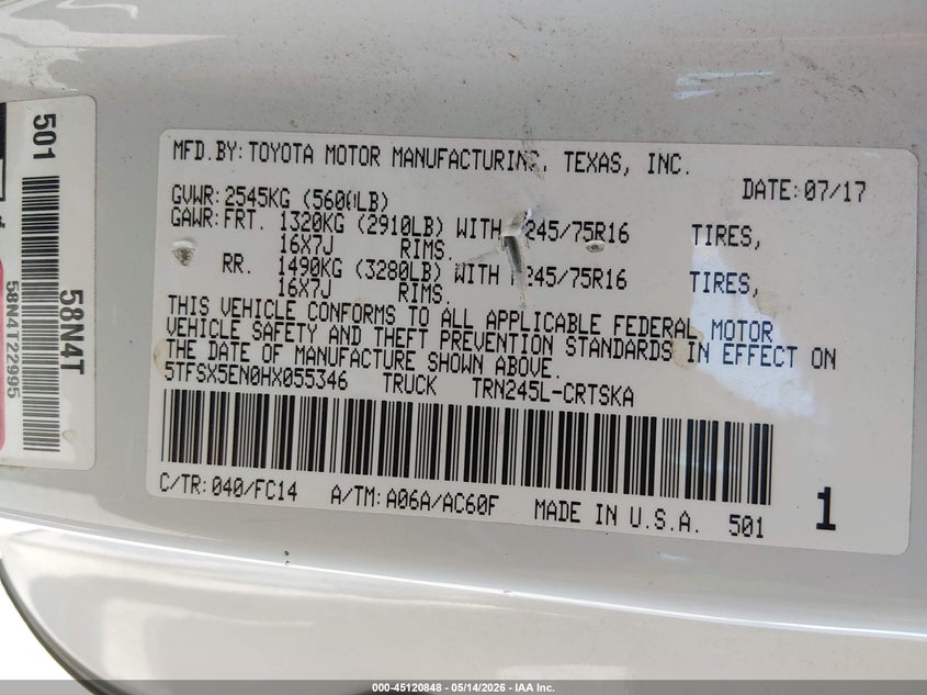 VIN 5TFSX5EN0HX055346 2017 TOYOTA TACOMA SR5