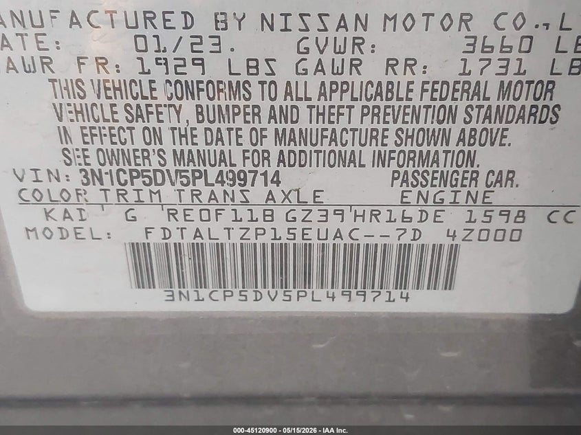 VIN 3N1CP5DV5PL499714 2023 NISSAN KICKS SR XTRONIC CVT