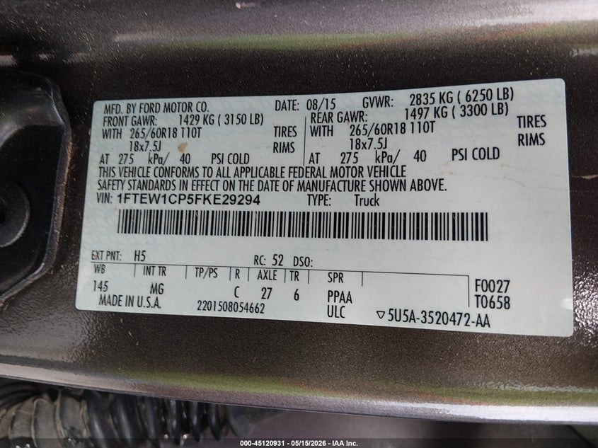 2015 FORD F-150 TRUCK 2.7L V-6 DI, DOHC, VVT, TURBO, 325HP