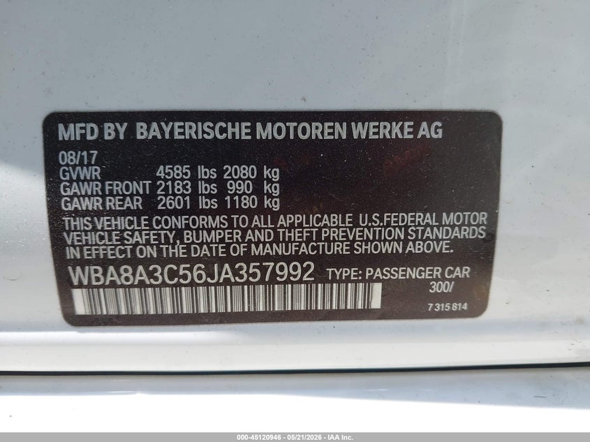 2018 BMW 3ER SEDAN 2.0L I-4 DI, DOHC, VVT, TURBO, 180HP