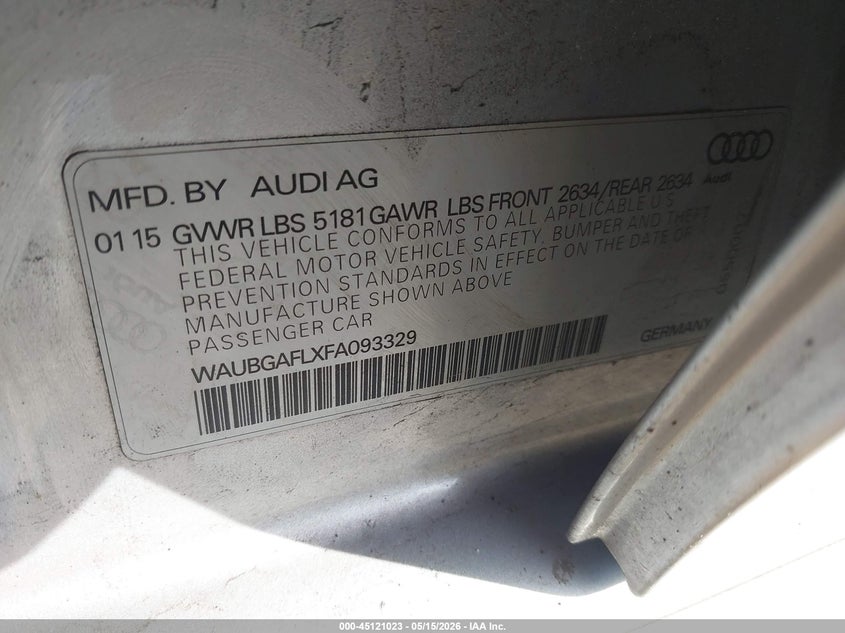 2015 Audi S4 3.0T Premium Plus VIN: WAUBGAFLXFA093329 Lot: 45121023