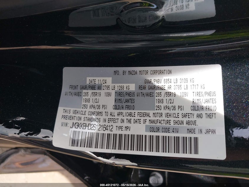 2025 Mazda Cx-90 3.3 Turbo Preferred Package VIN: JM3KKBHD2S1216412 Lot: 45121072