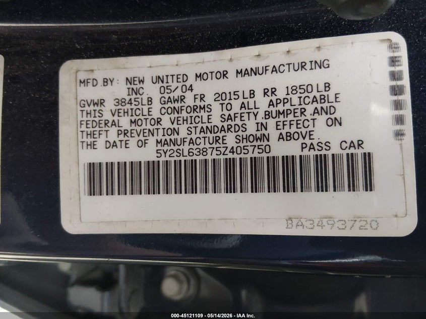 2005 Pontiac Vibe VIN: 5Y2SL63875Z405750 Lot: 45121109