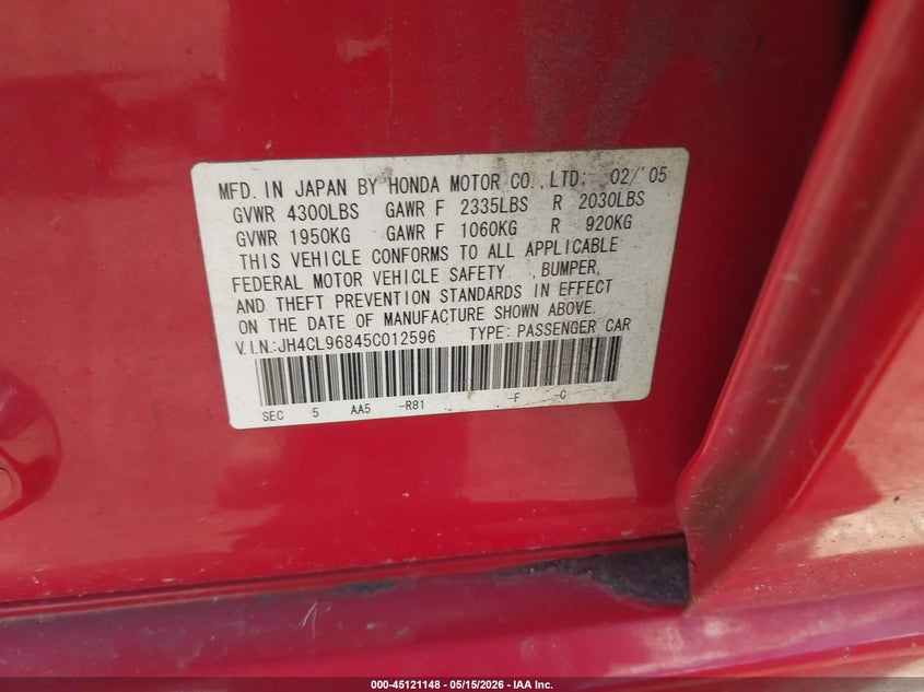 2005 Acura Tsx VIN: JH4CL96845C012596 Lot: 45121148