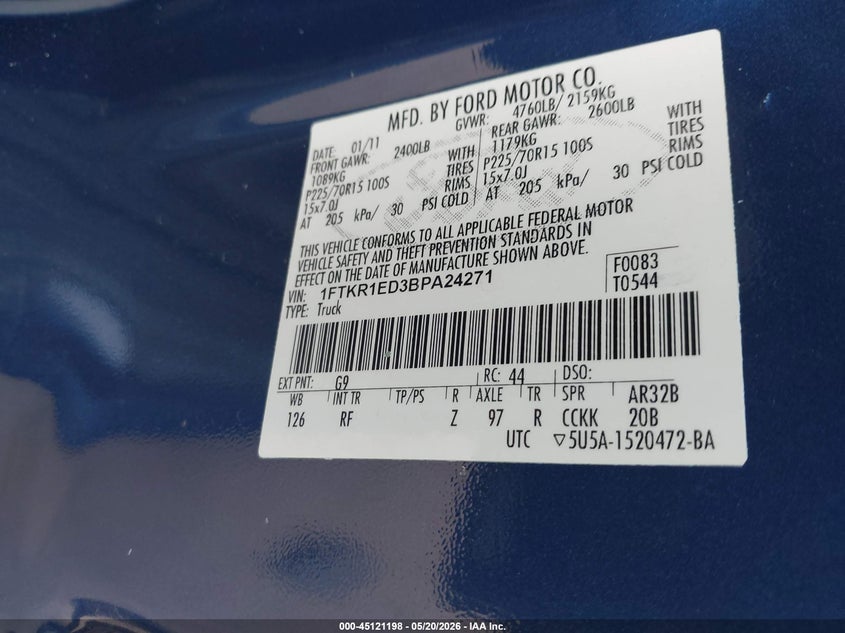 FORD RANGER 2011 VIN 1FTKR1ED3BPA24271